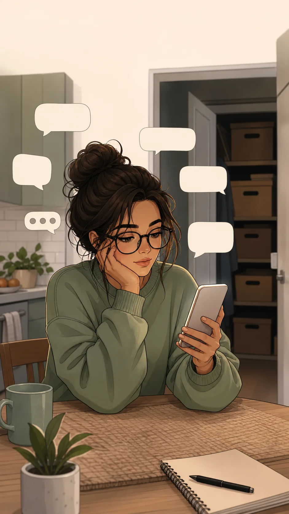 Mara reads a roommate chat on her phone while the boxed closet sits in the background.
