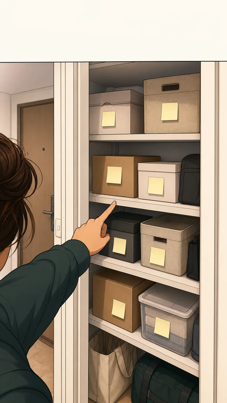 Mara points at the middle shelf where blank sticky notes and plain boxes sit.