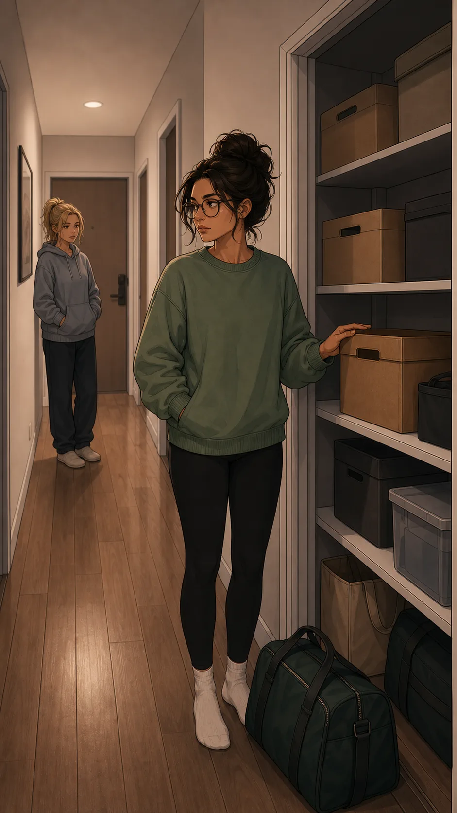 Mara stands with her hand on a plain box while deciding how to handle the blocked shelf.
