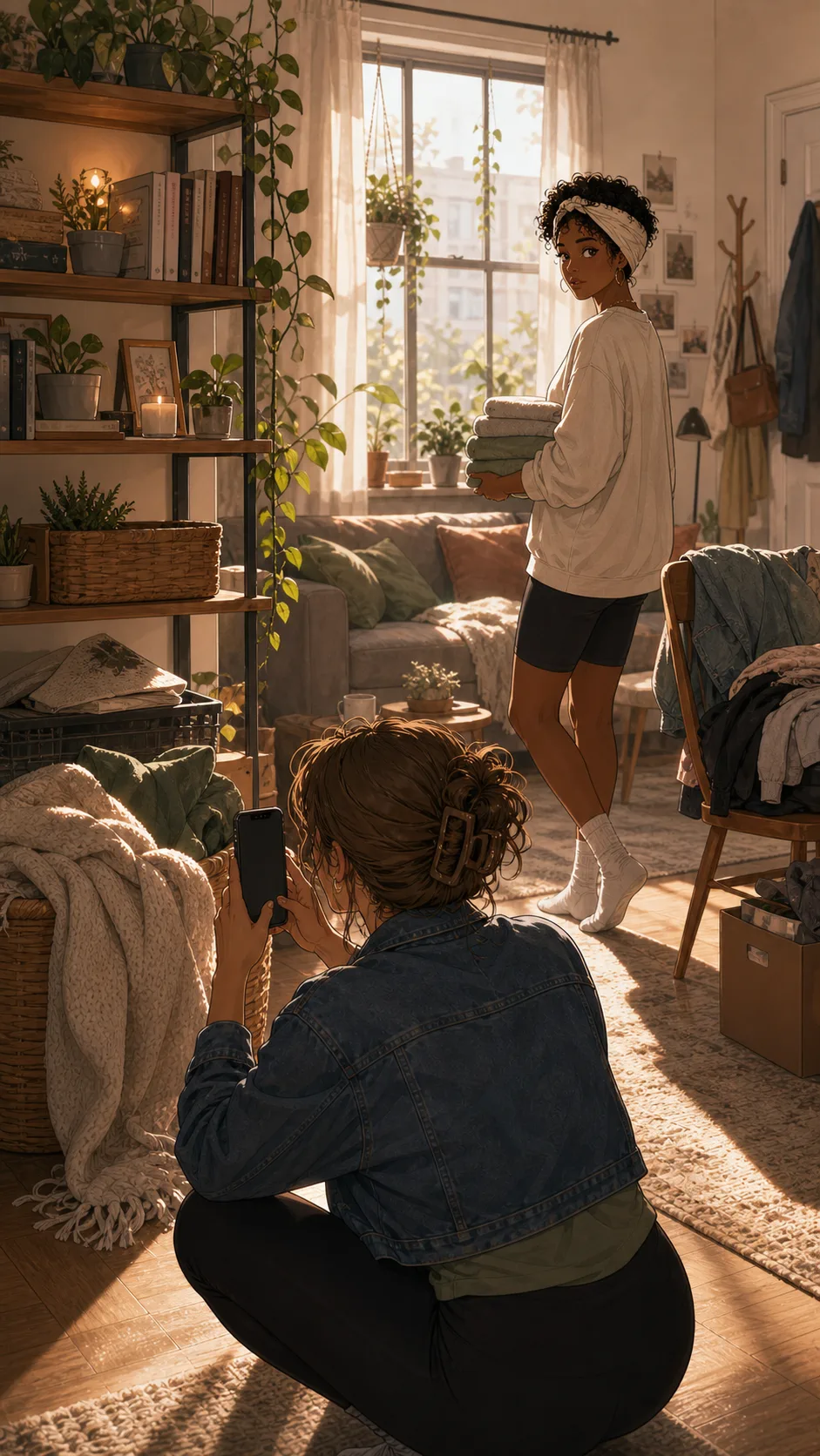 Harper films a generic living room shelf while Nia carries towels past a messy chair corner.