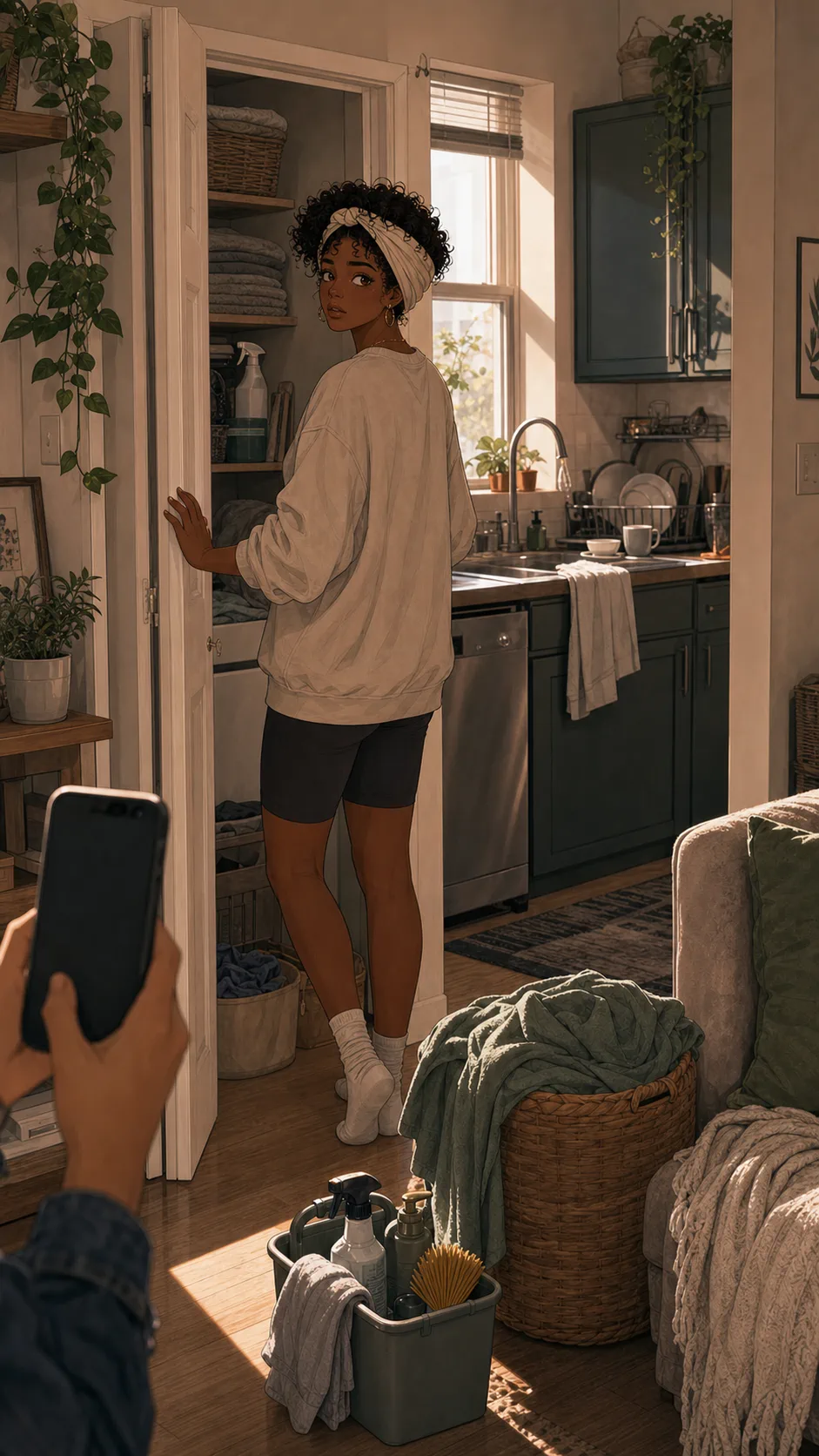 Nia reaches toward a half-open closet in a generic apartment while a phone edge appears at the side.