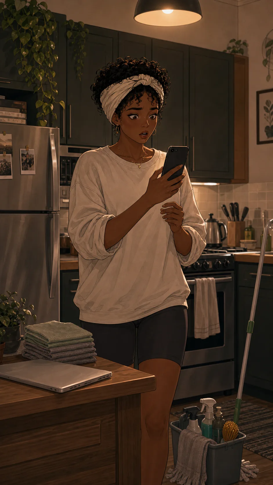 Nia looks startled in a generic kitchen while holding a phone angled away from the viewer.