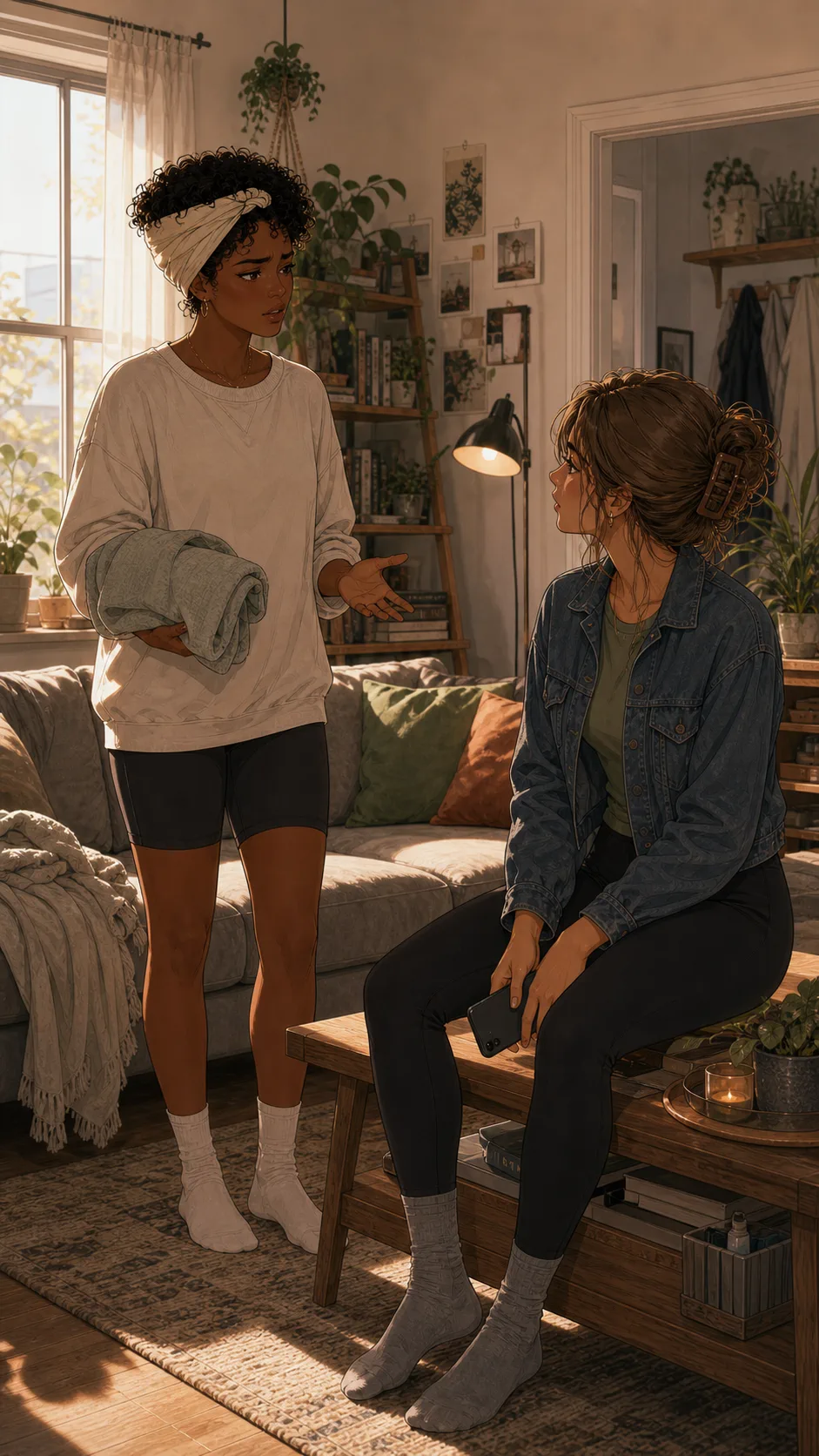 Nia and Harper face each other in a generic living room while Harper holds a phone face down.