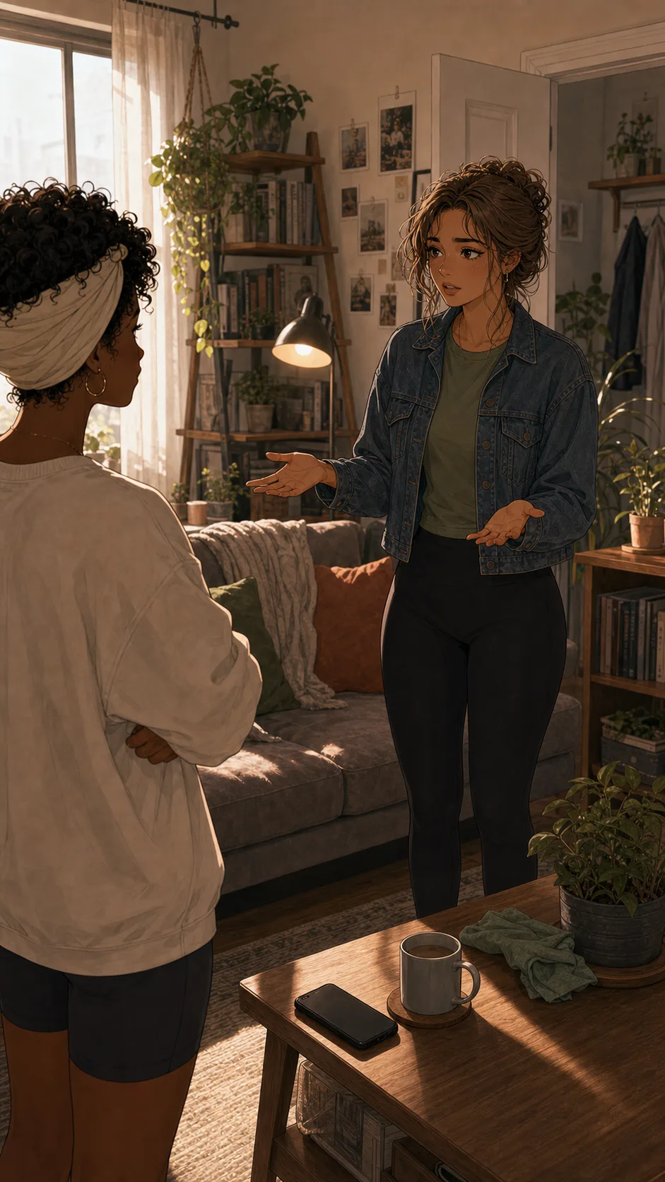 Harper explains herself in a generic living room while Nia listens with folded arms.