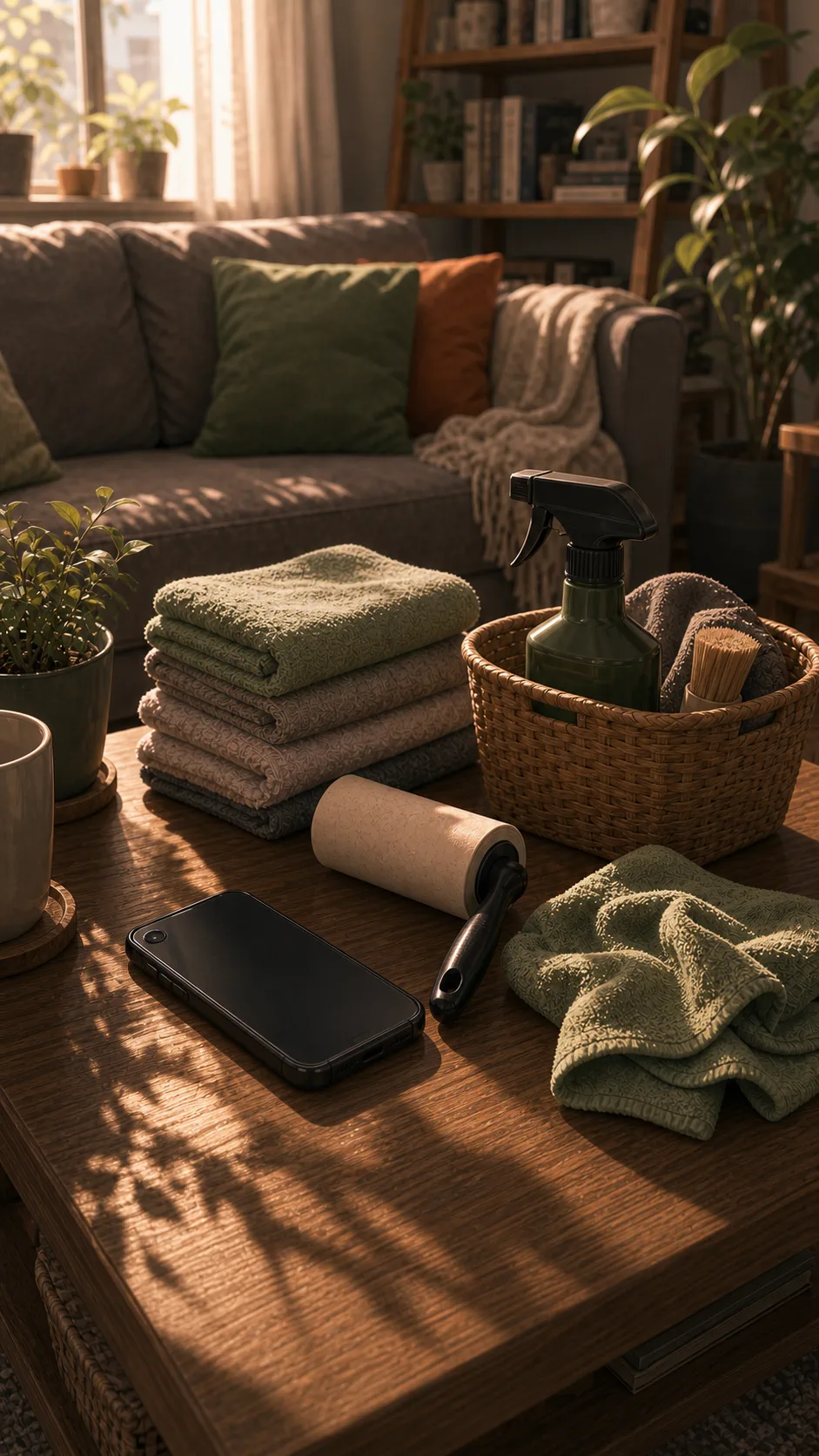 A generic apartment coffee table holds a face-down phone, folded towels, a lint roller, and cleaning cloths.