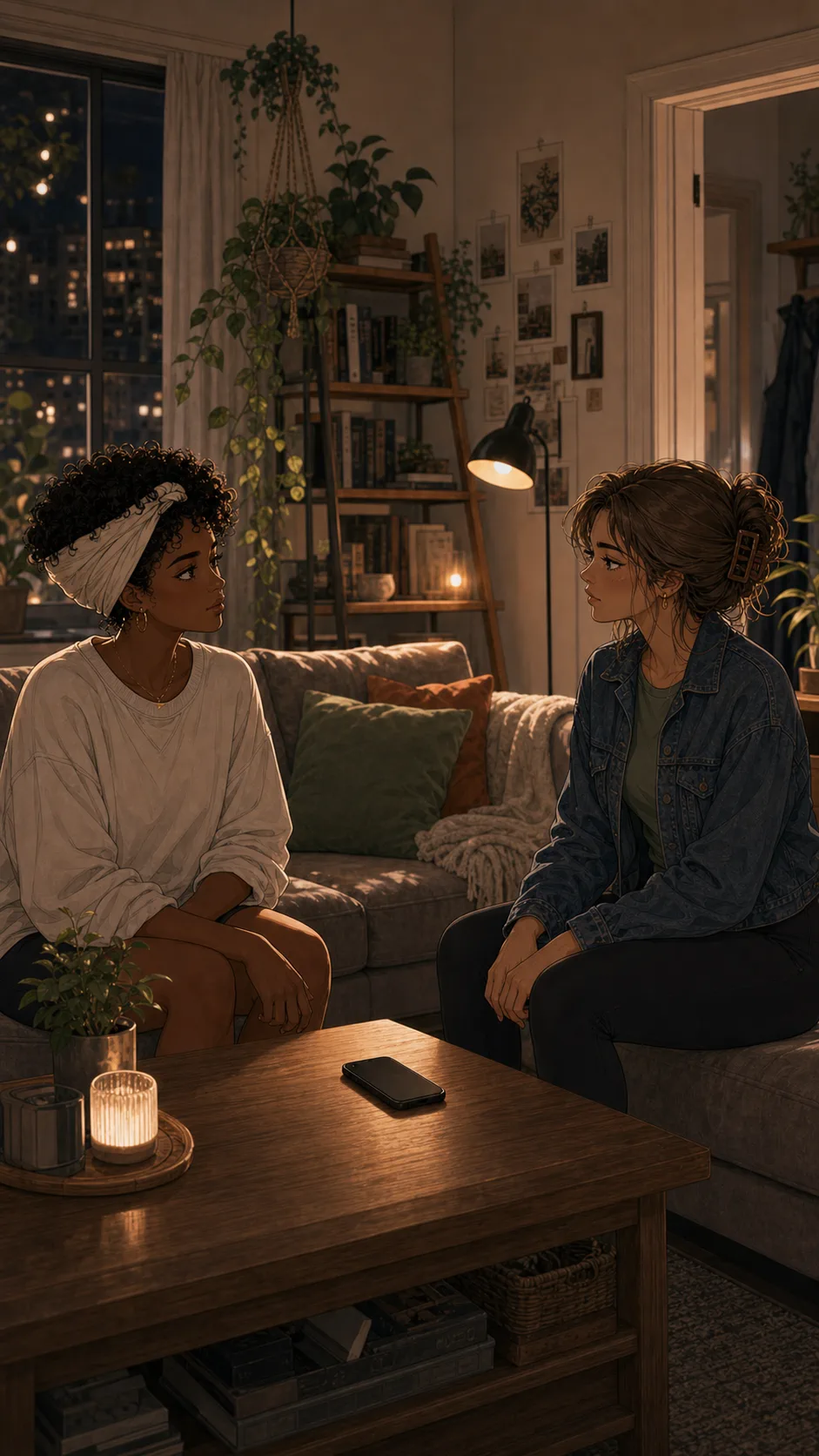 Nia and Harper sit in a cleaned generic living room with a face-down phone between them.
