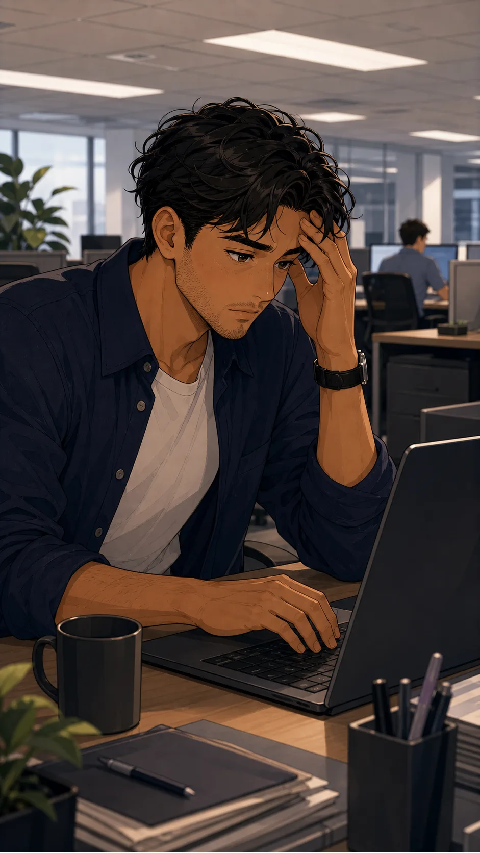 Eli works at his desk under harsh office lighting.