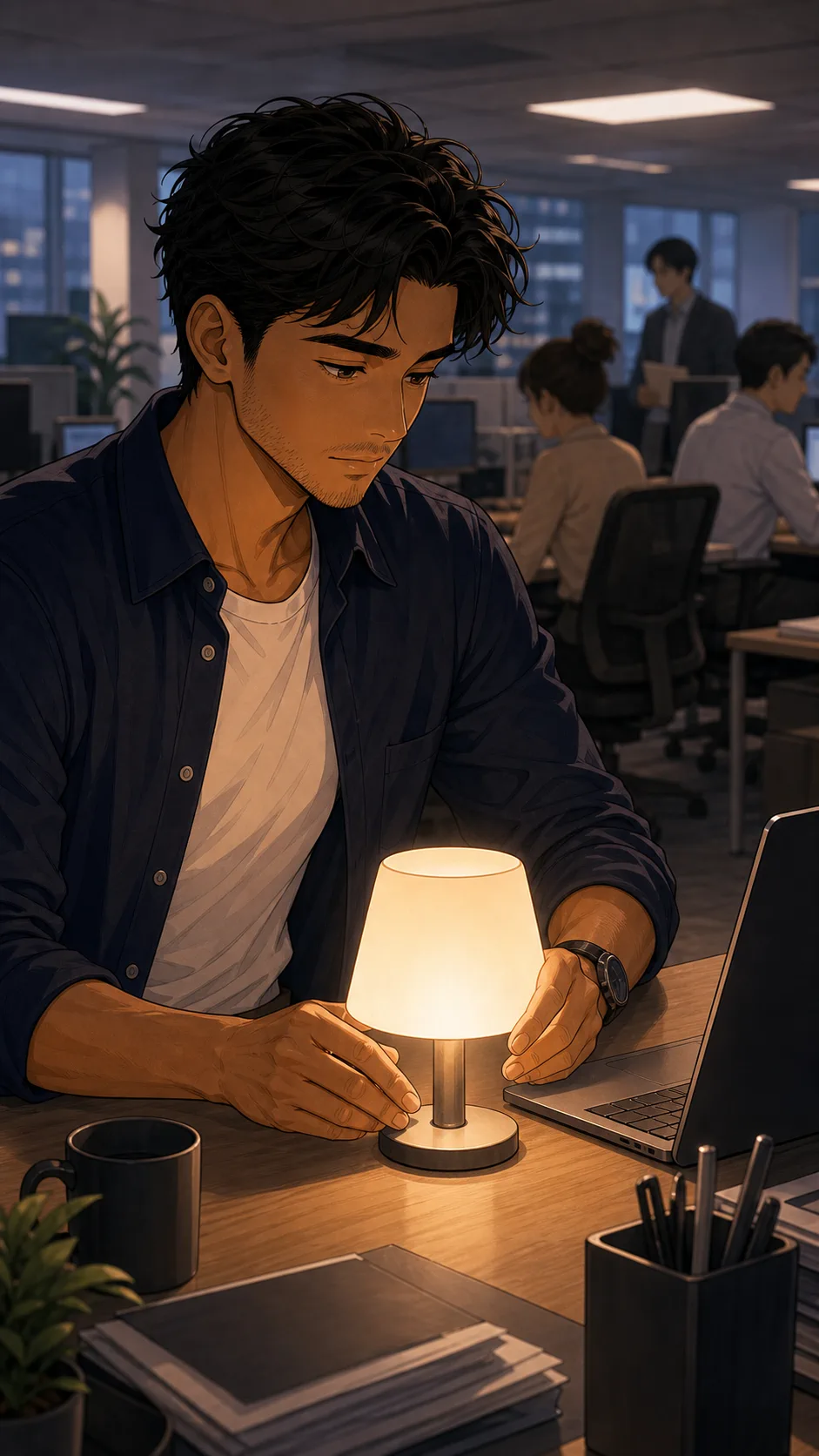 Eli sets up a small focus lamp on his desk.
