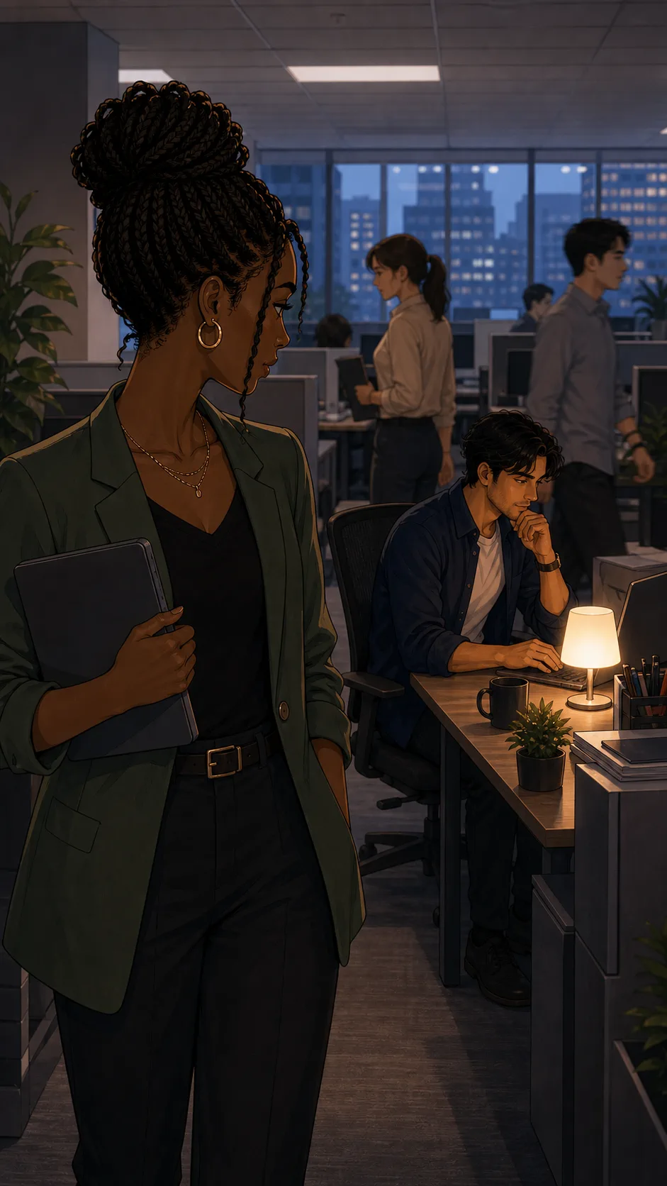 Harper notices coworkers interrupt Eli less around his lamp.