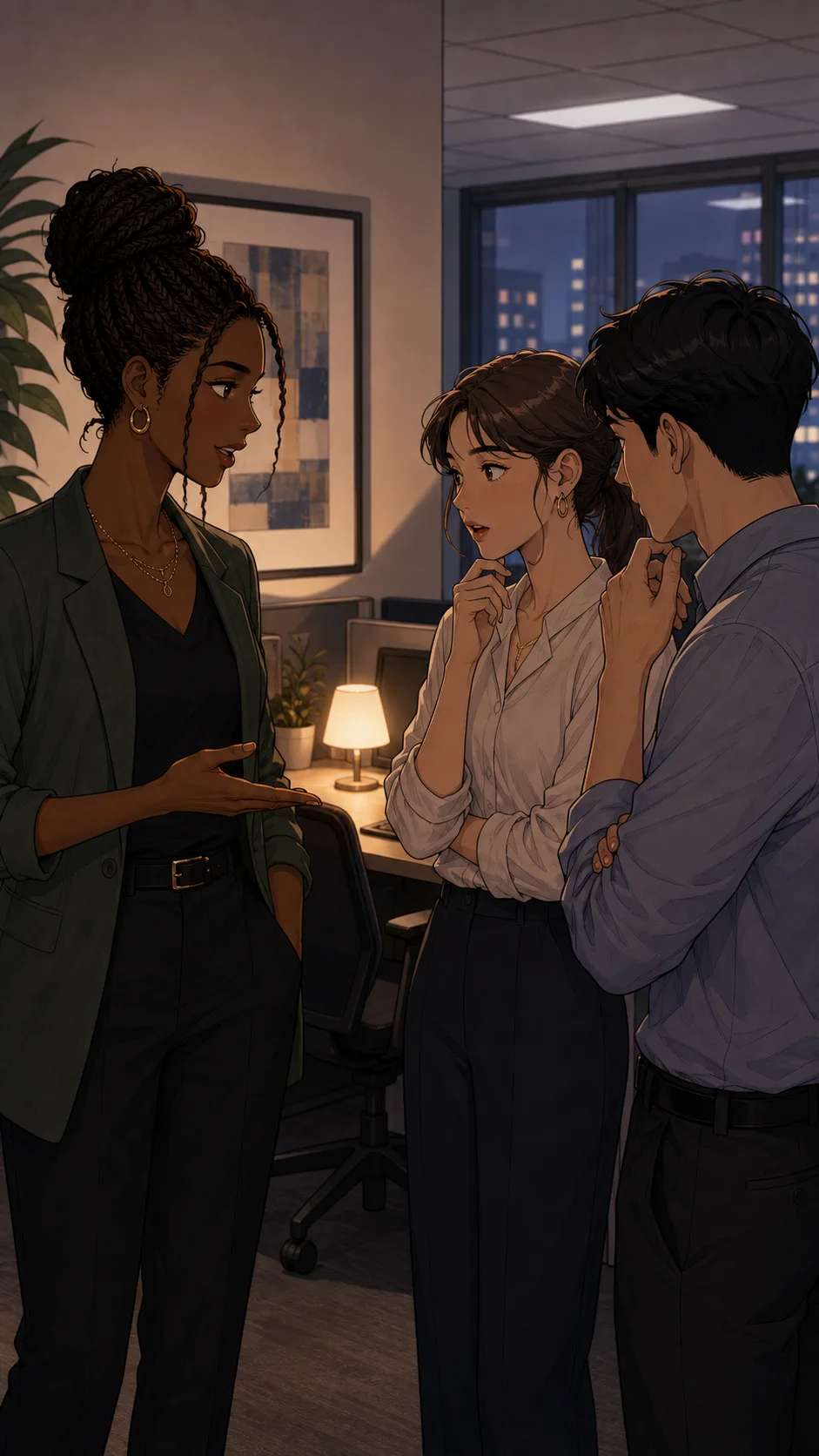 Harper explains Eli's lamp to coworkers as a signal.