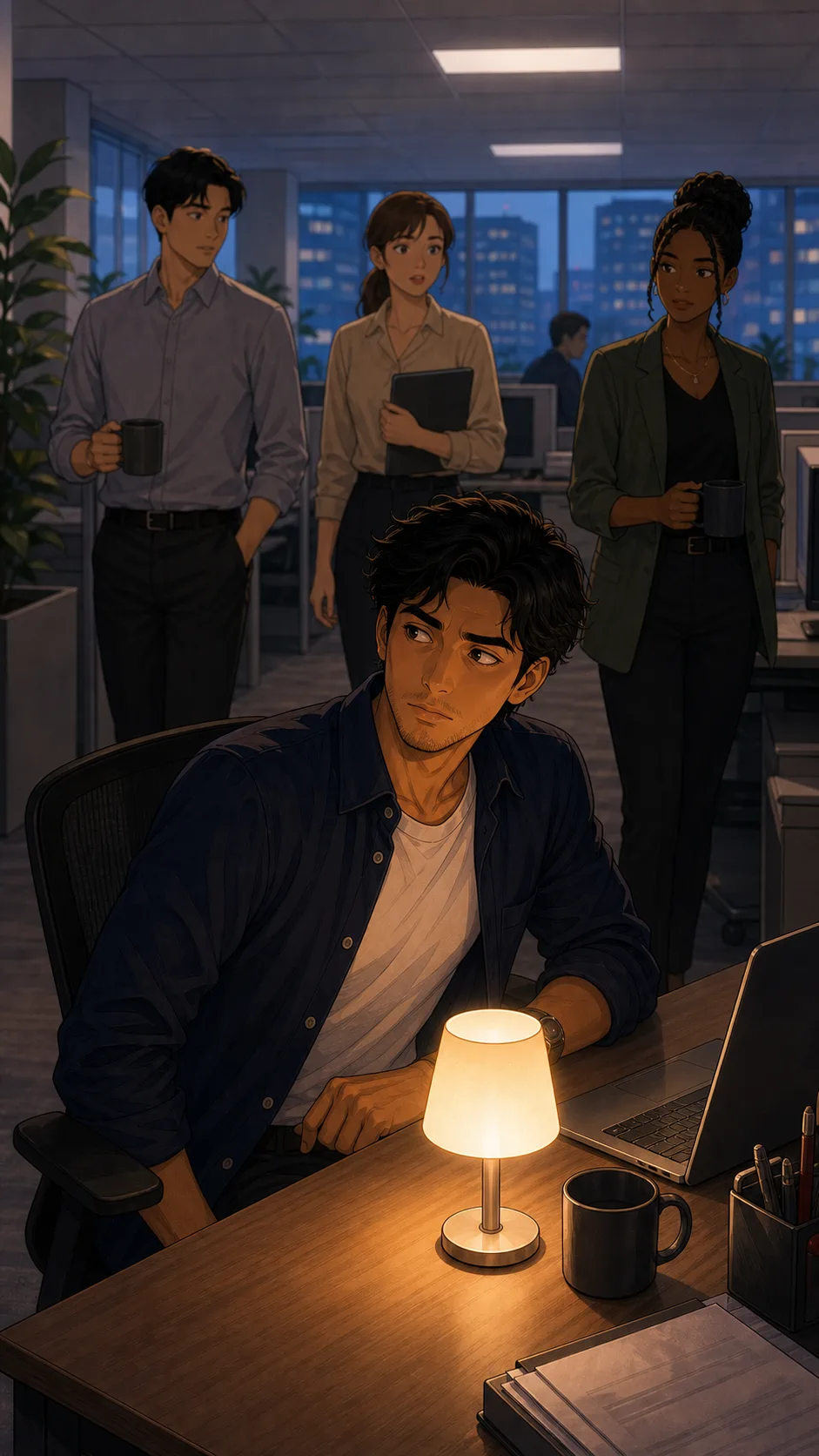 Coworkers watch Eli's lamp before approaching his desk.