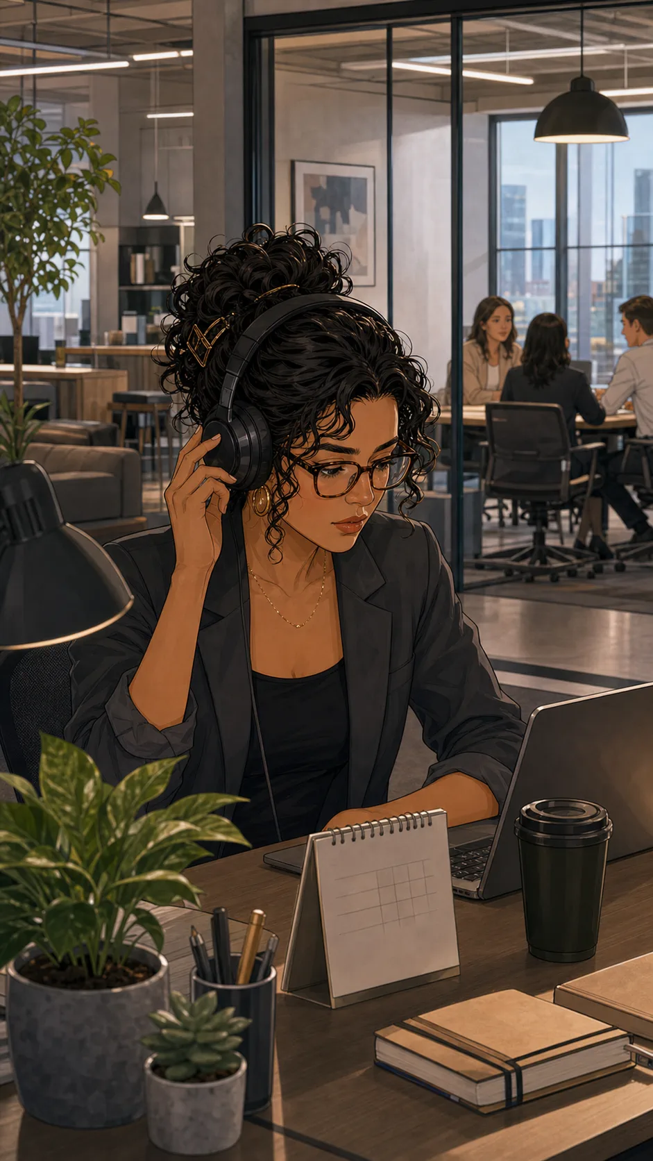 Leah focuses at her desk with headphones on.