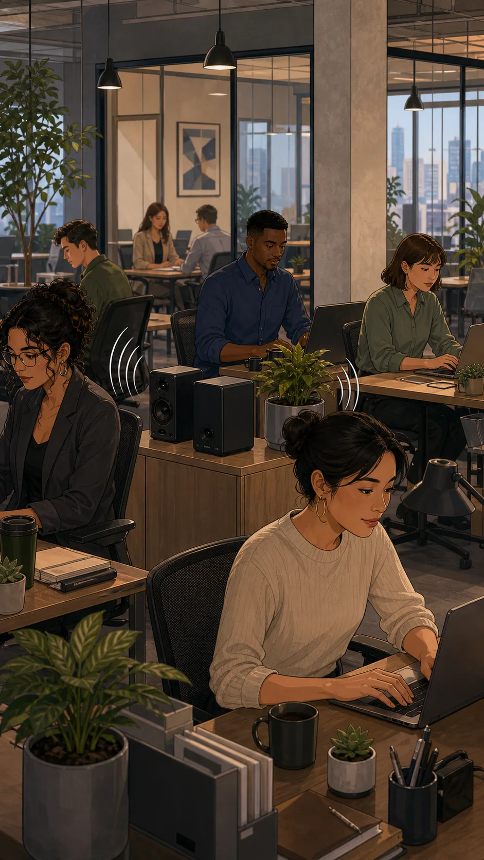 Coworkers work calmly while office speakers play music.