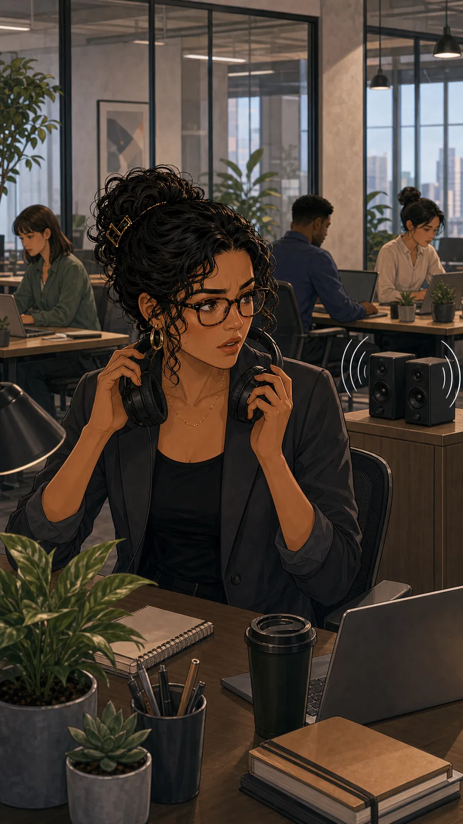 Leah removes headphones in surprise as music plays from office speakers.