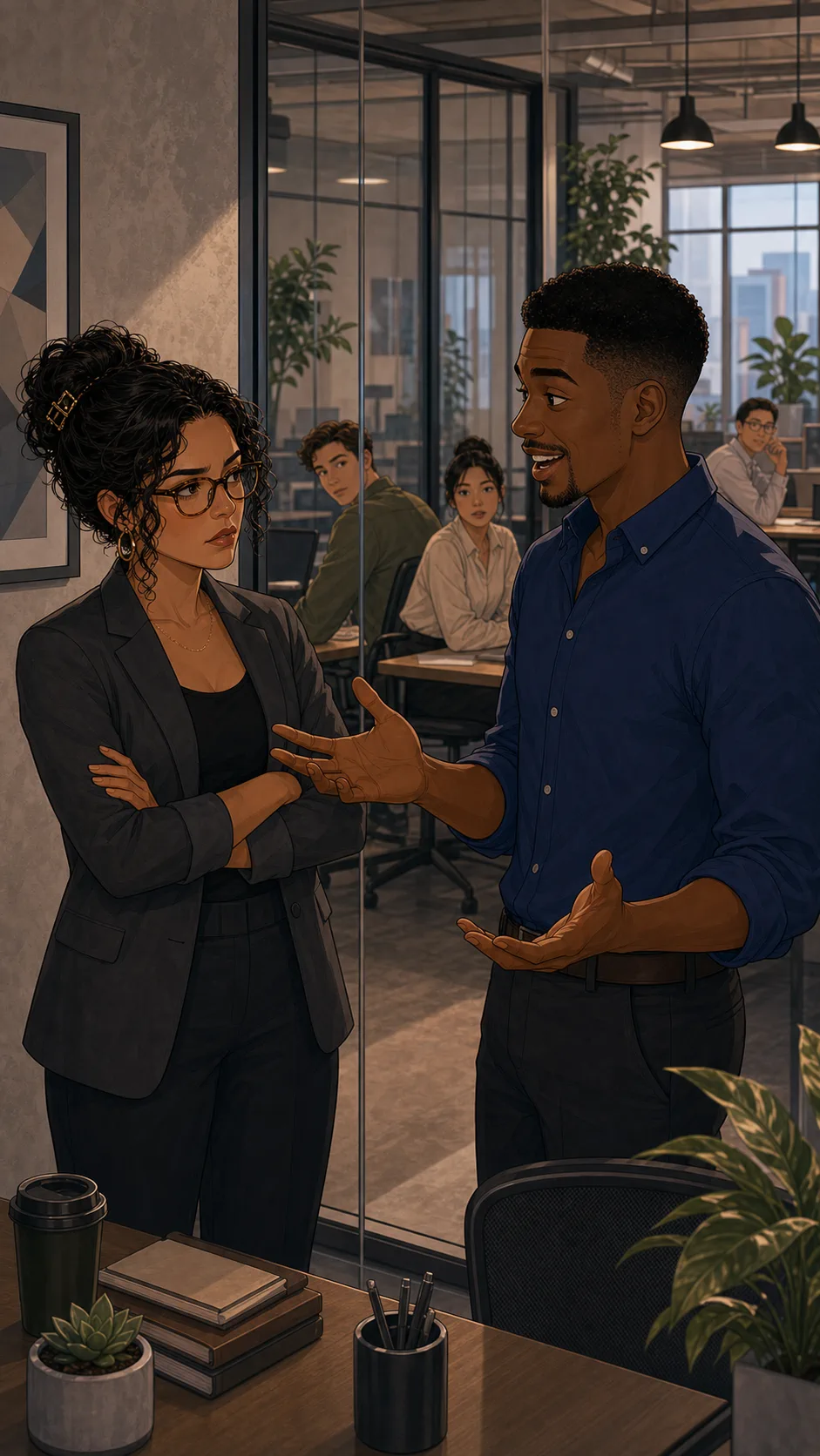 Leah and Mark discuss the playlist near a meeting room.