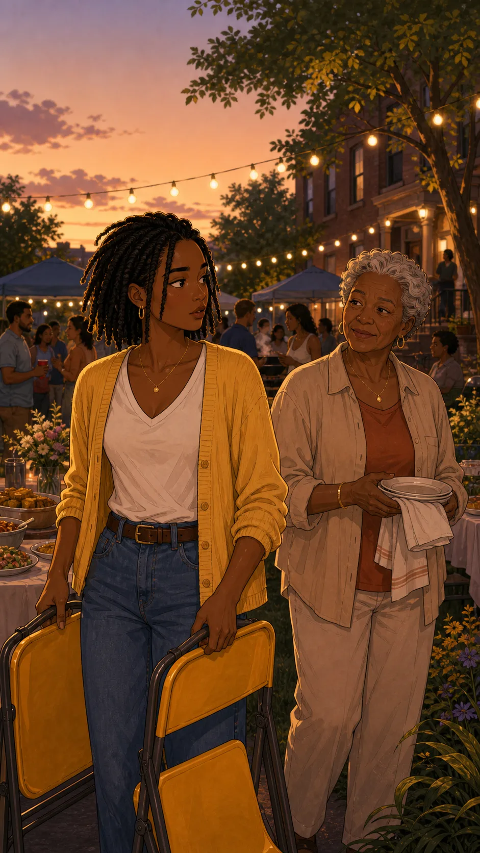 Maya carries two folding chairs to a neighborhood block party.