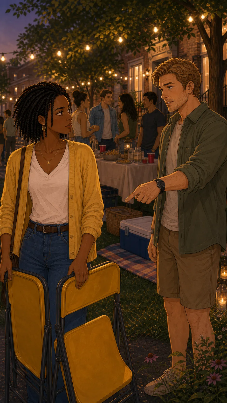 Owen notices Maya's bright folding chairs across the block party.