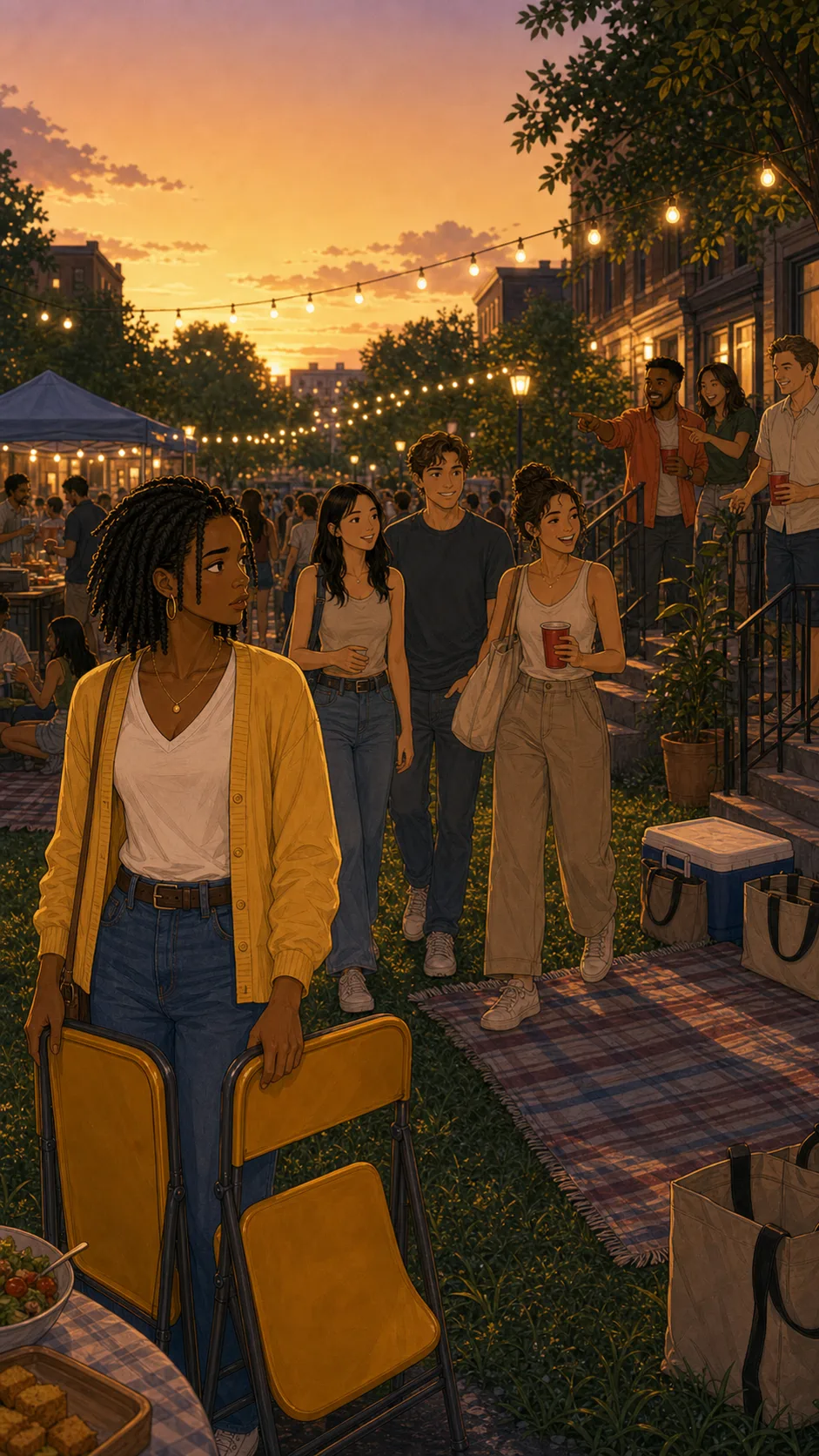 Late arrivals head toward Maya's chairs at the block party.