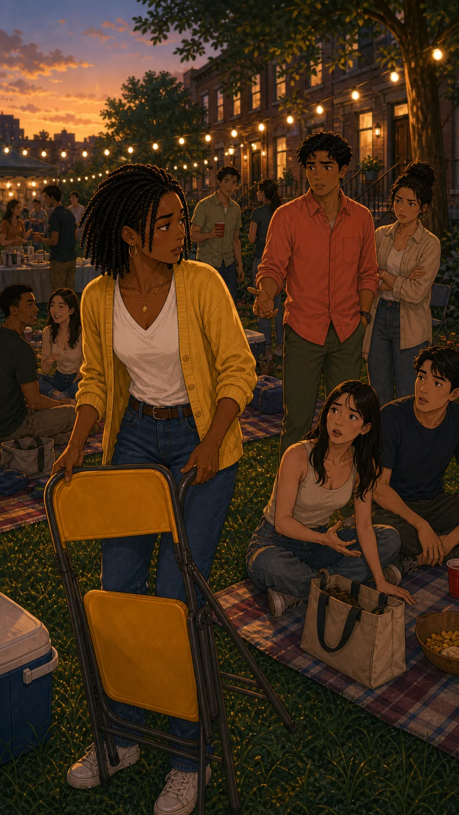 Maya tries to move a folding chair while neighbors react.