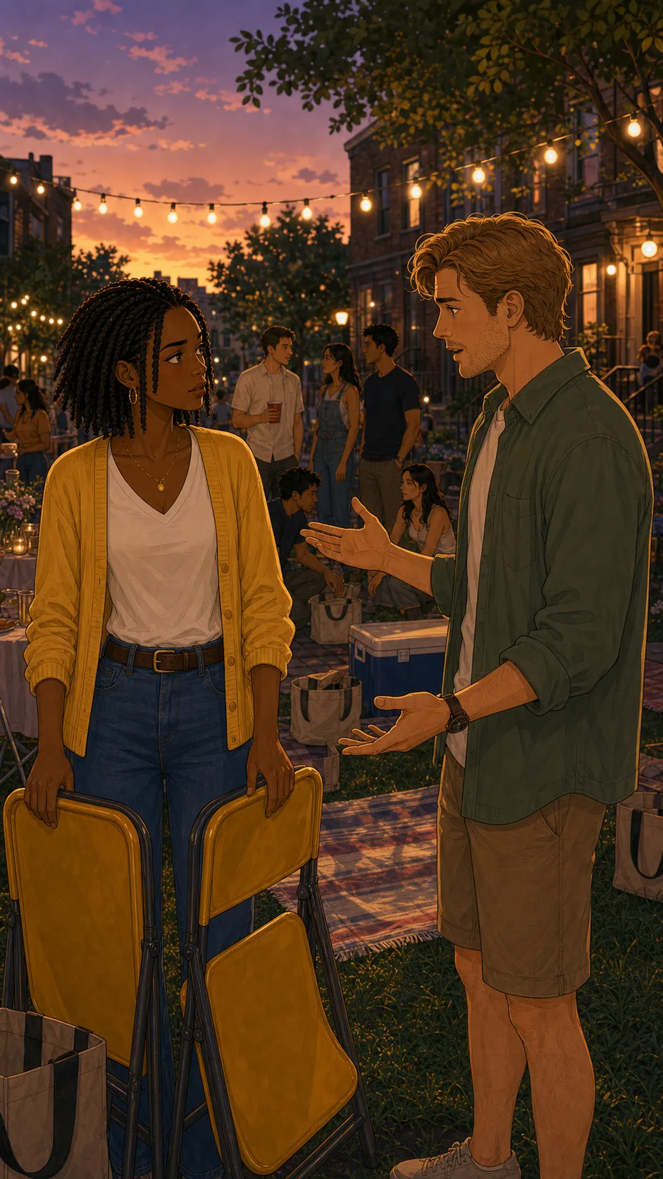 Maya and Owen discuss the folding chairs.
