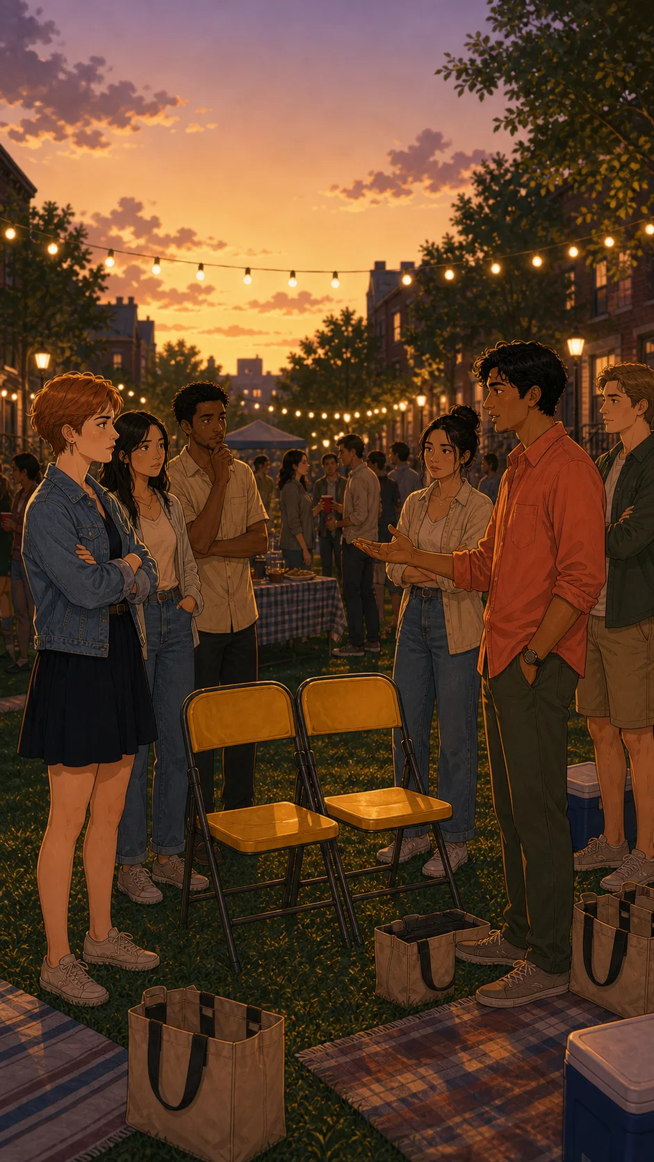 Neighbors split around two folding chairs at a block party.