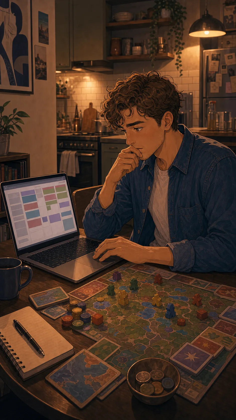 Noah sets up a planning app demo at a kitchen table.
