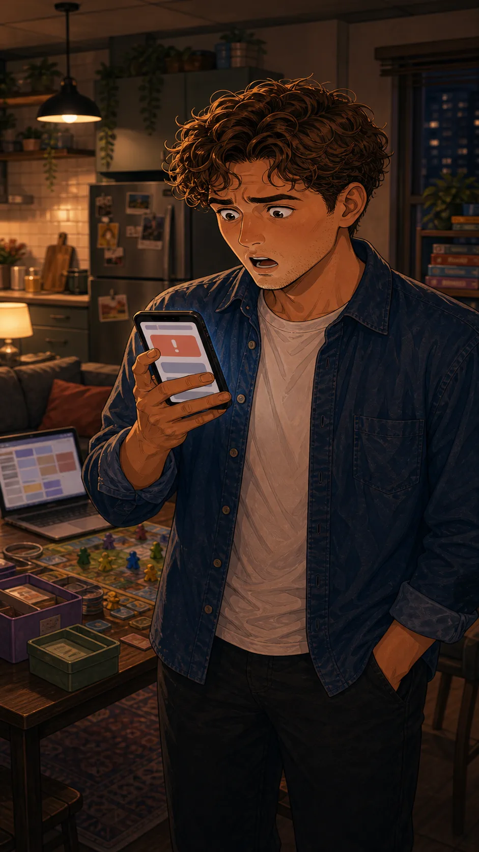 Noah looks shocked at a phone charge alert in his kitchen.