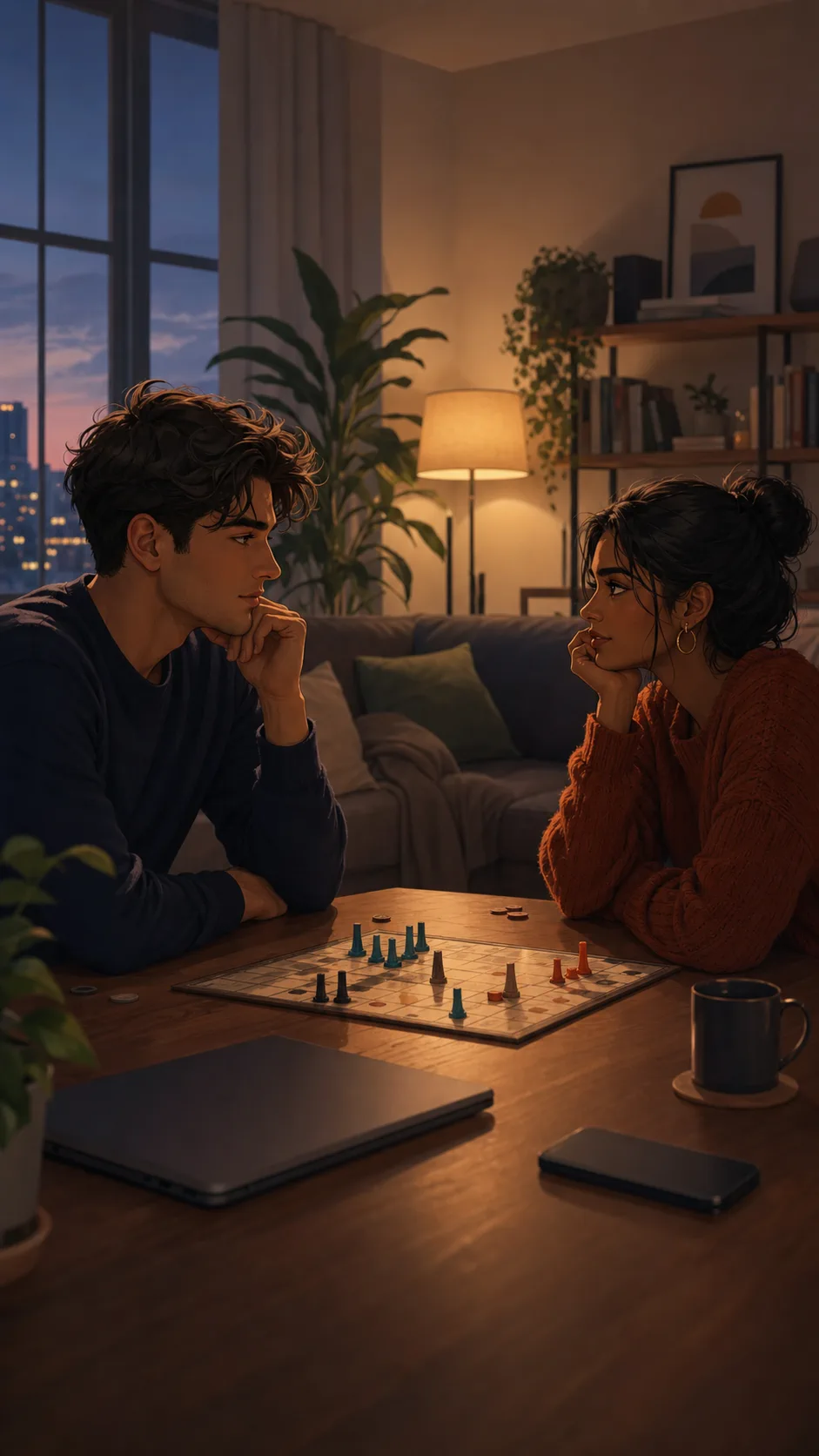Noah and Priya sit with a closed laptop and phone between them.