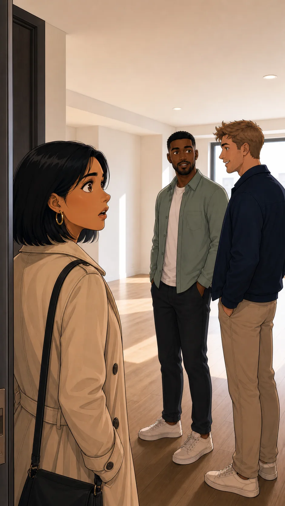 Elena arrives at the apartment tour and sees Jordan waiting with Miles.