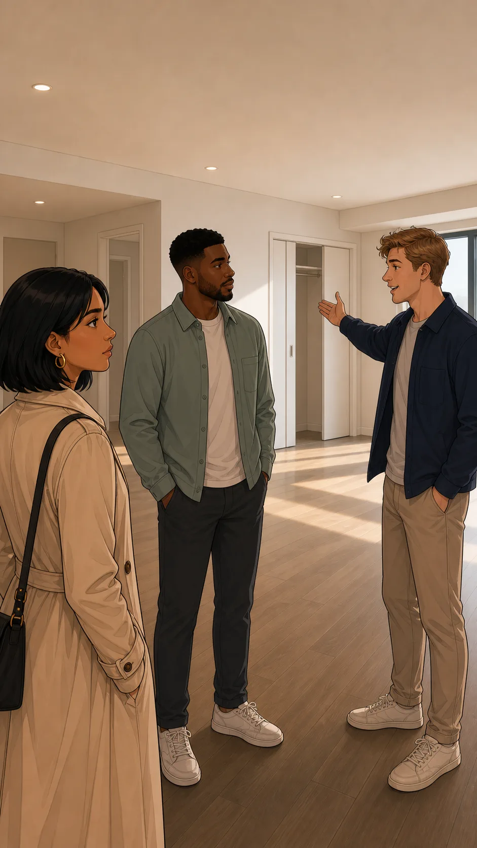 Jordan gives layout opinions during the apartment tour.
