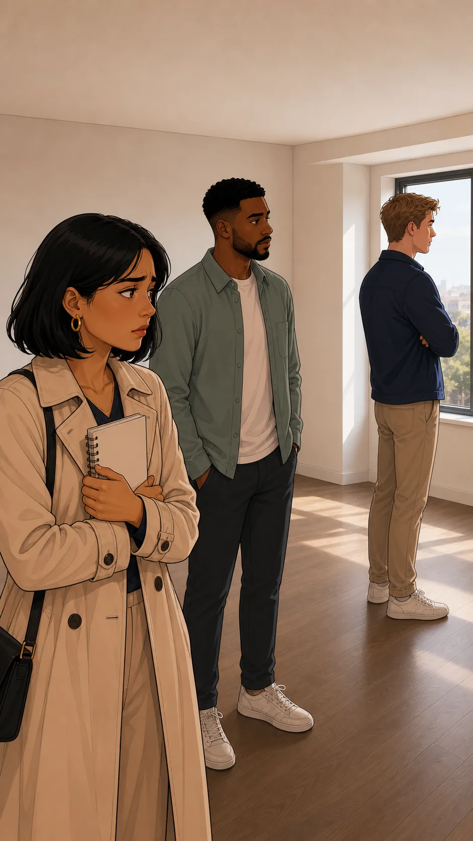 Elena tries to discuss private apartment details while Jordan is nearby.