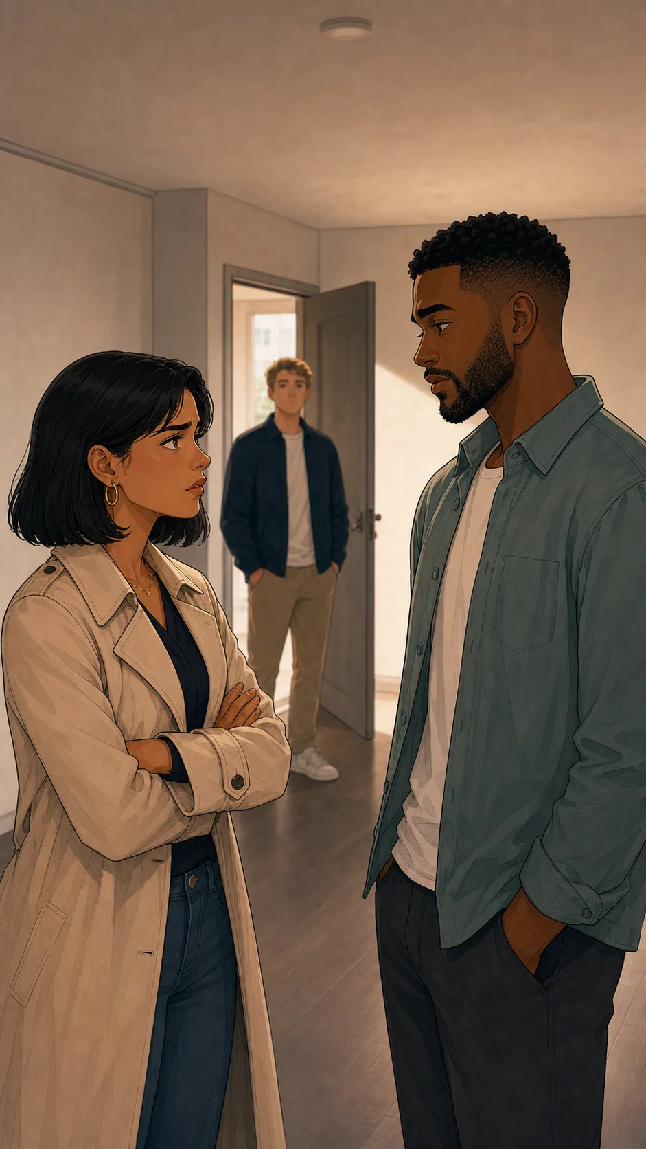 Elena and Miles stand in the empty apartment deciding how to handle outside opinions.