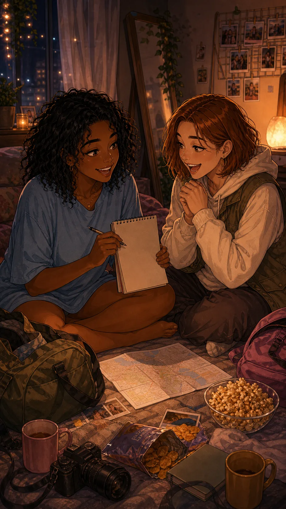 Nia and Harper sit on a bedroom floor with bags, snacks, and a generic trip note, both smiling at the plan.