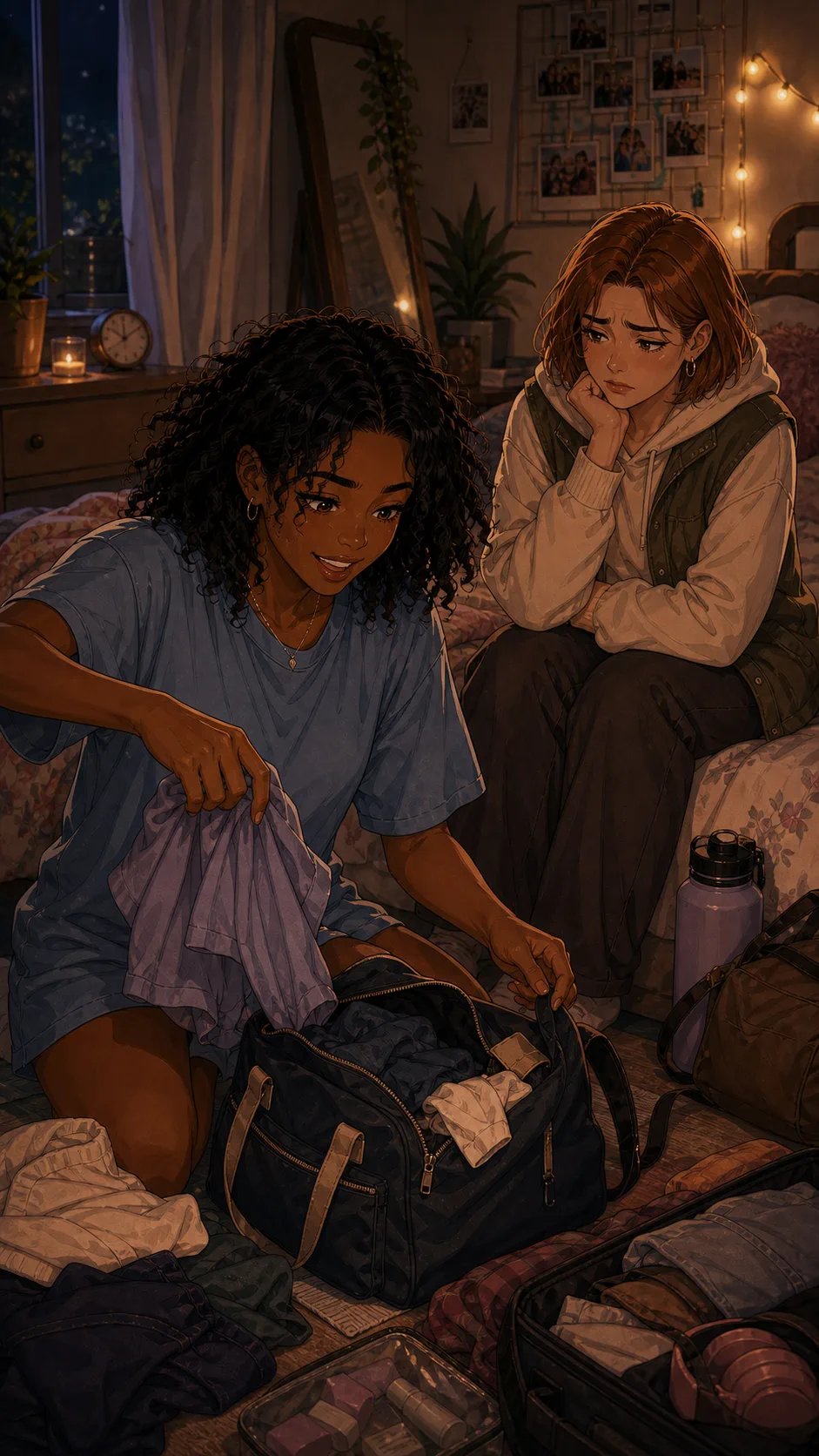 Harper watches Nia toss clothes into a small overnight bag while a clock sits on a generic nightstand.