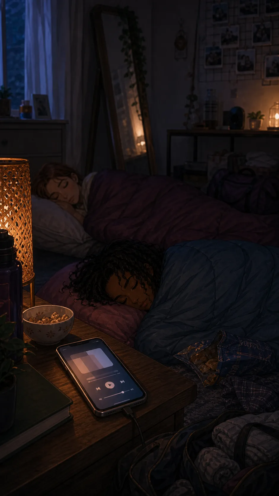 A phone plays music on a nightstand beside two sleeping bags, screen angled away with no readable details.