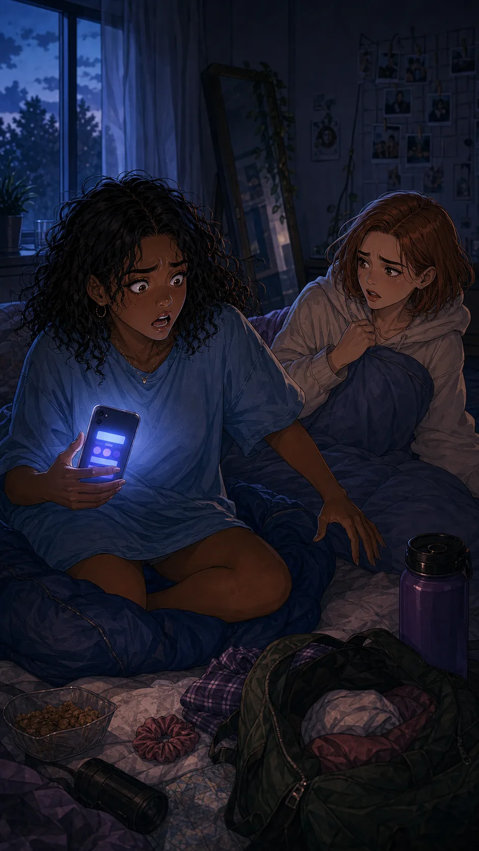 Nia jolts awake in a dim bedroom while Harper sits up nearby, startled by the phone alarm.