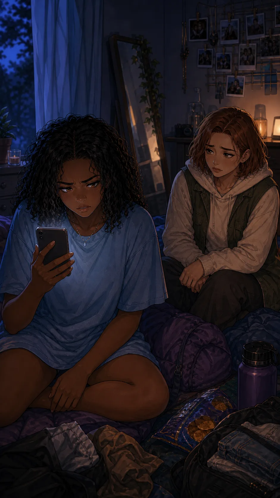 Nia holds the phone close while Harper looks caught between guilt and worry, the screen unreadable to the viewer.