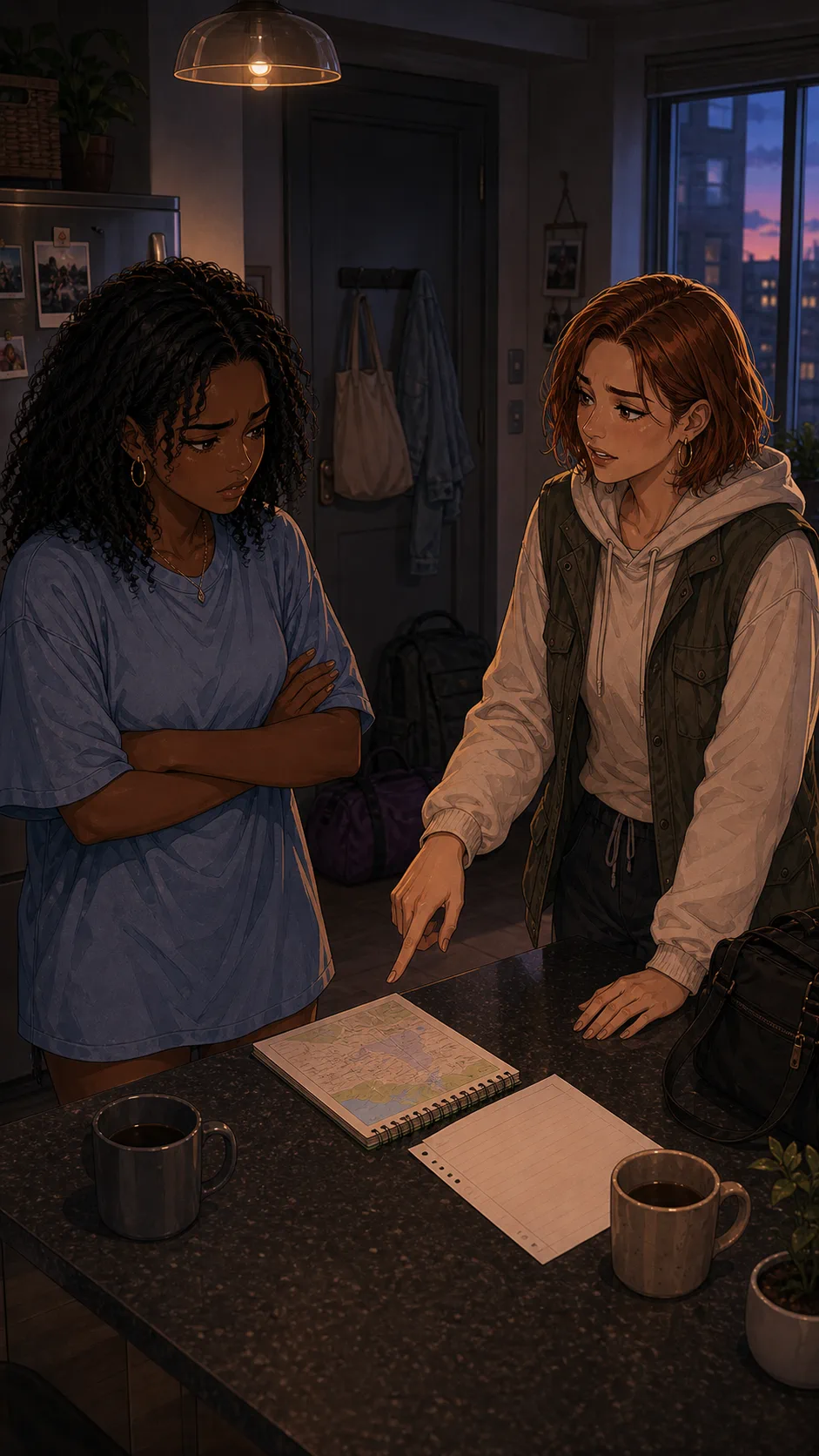Harper points to a generic trip note and a blank deposit reminder on the kitchen counter while Nia folds her arms.