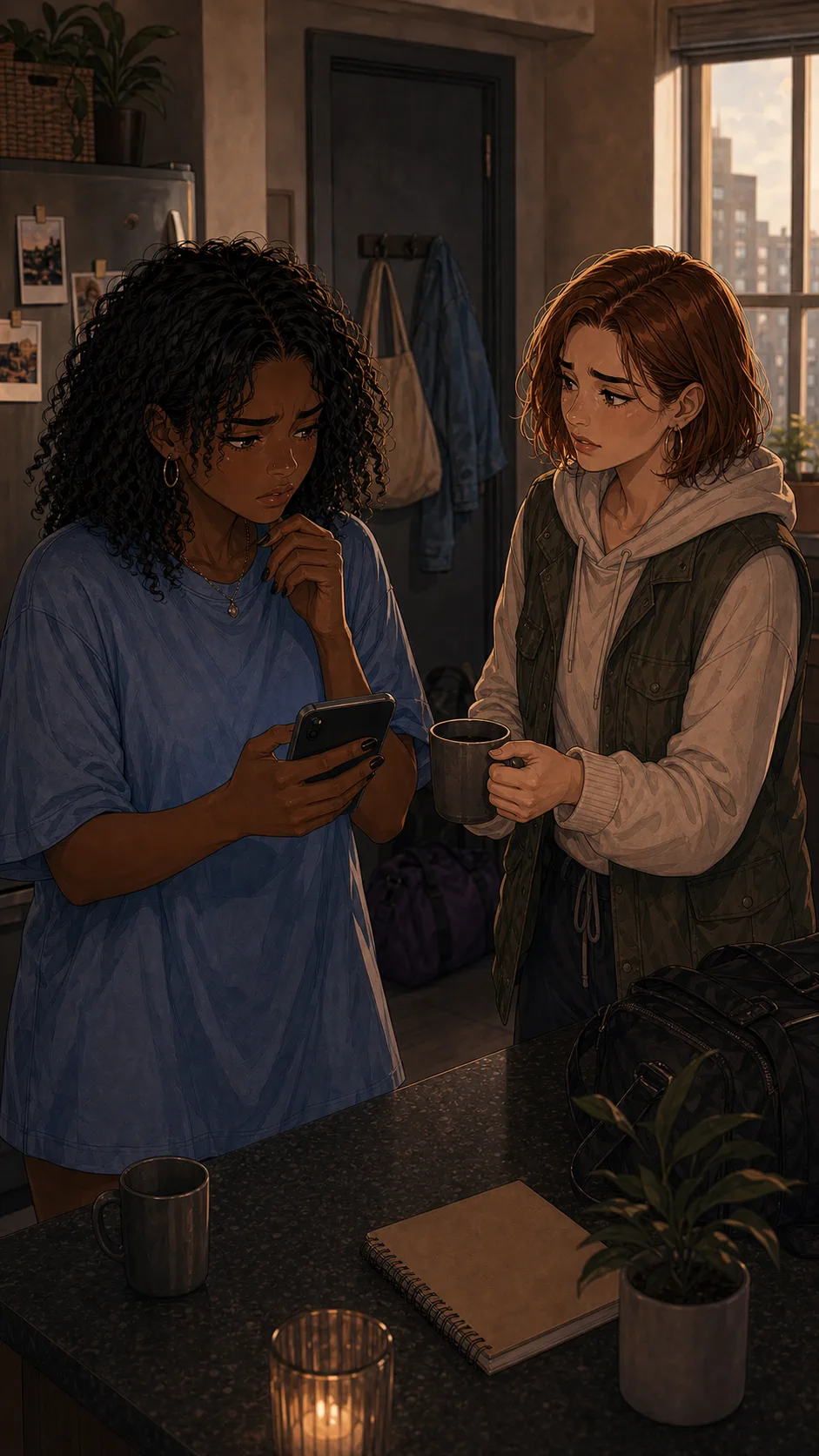 Nia studies the phone settings while Harper offers coffee from a small mug, both more hurt than angry.