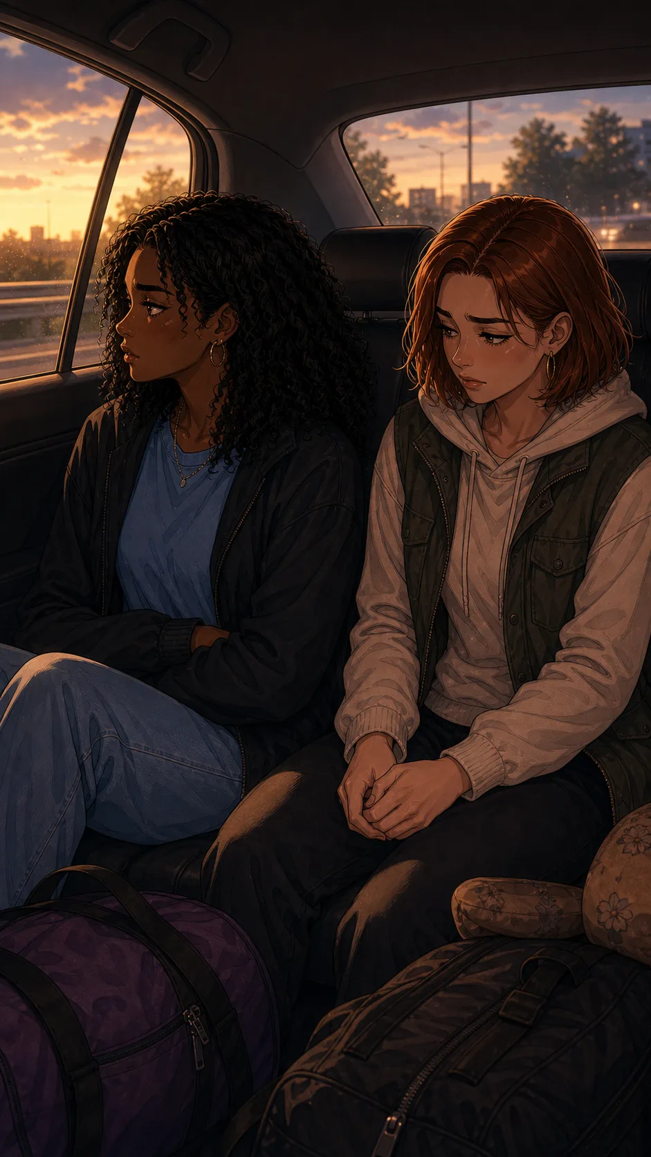 Nia and Harper sit quietly in the back of a generic shared ride, morning light through the window.