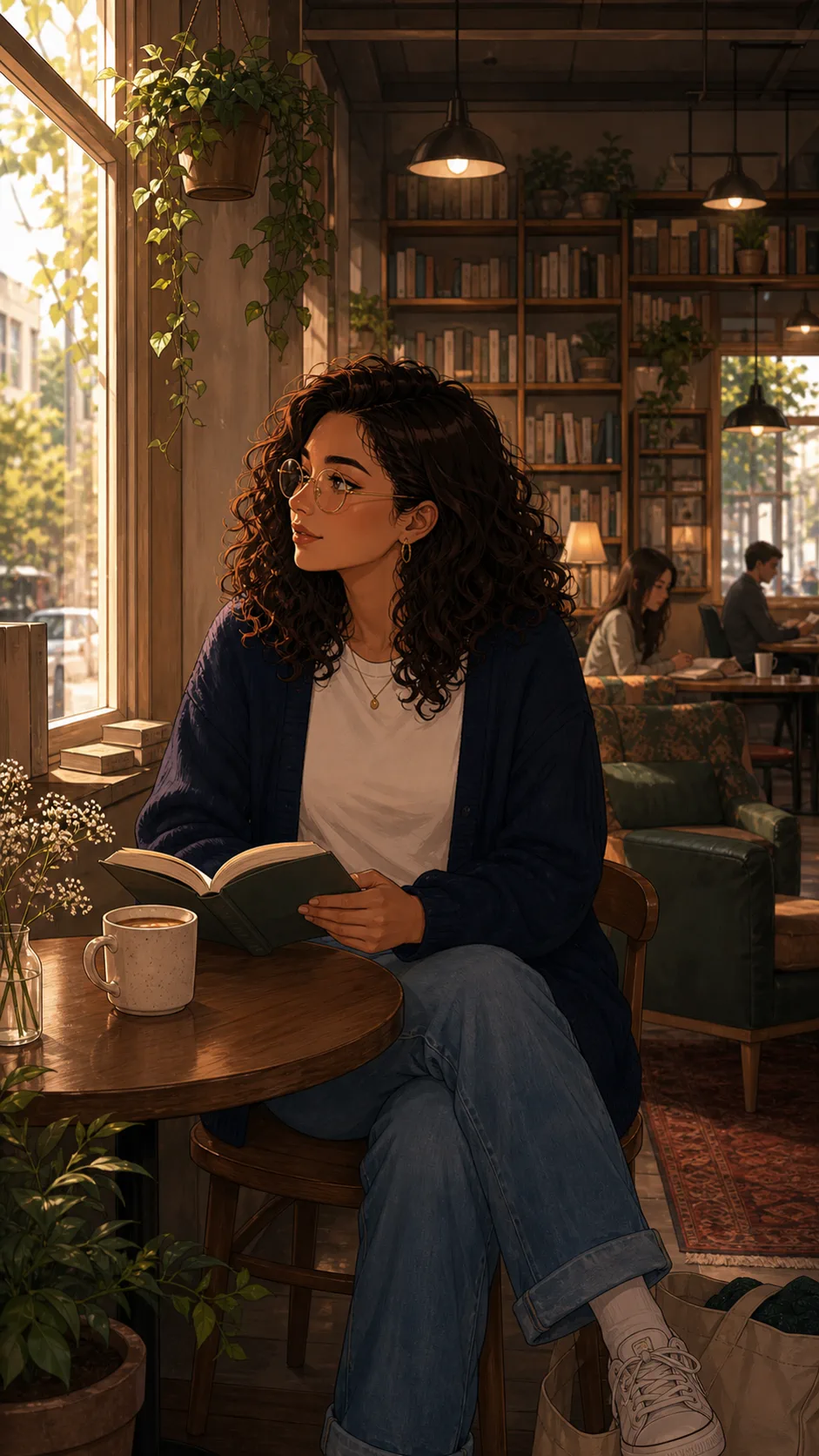 Mara enjoys coffee and a book during her solo day.