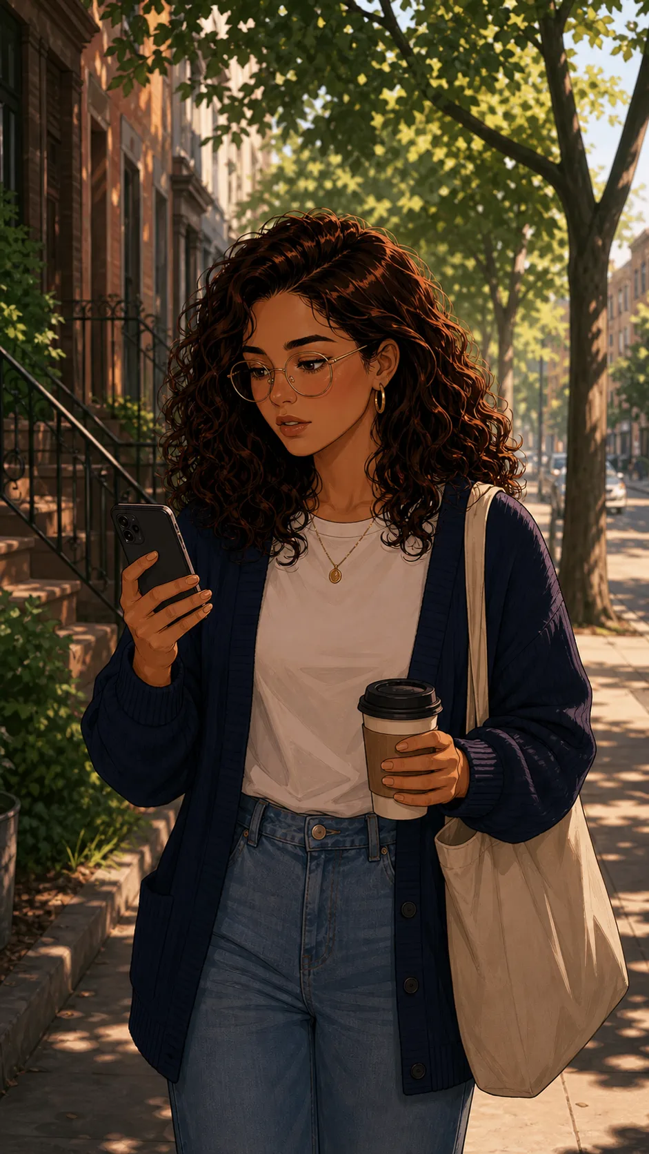 Mara checks a phone notification while walking alone.
