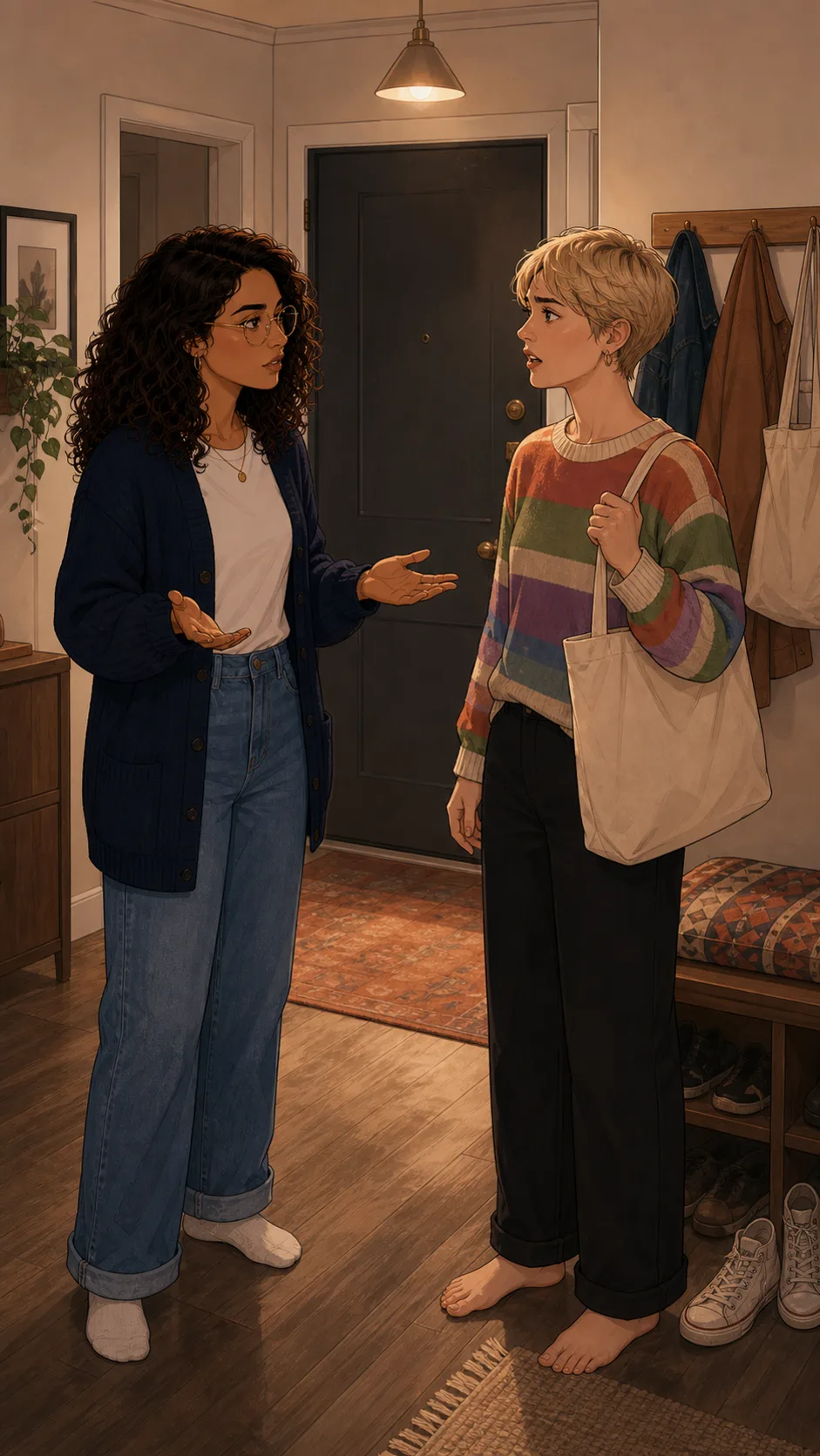 Mara explains her solo day to Elise in an apartment entryway.