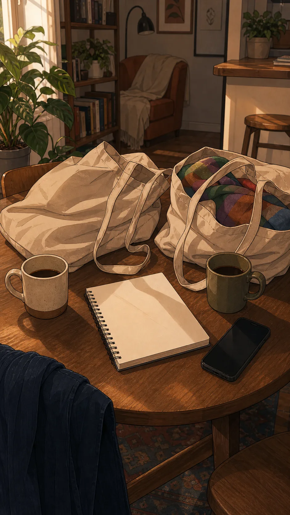 Two tote bags and coffee cups sit beside a face-down phone.