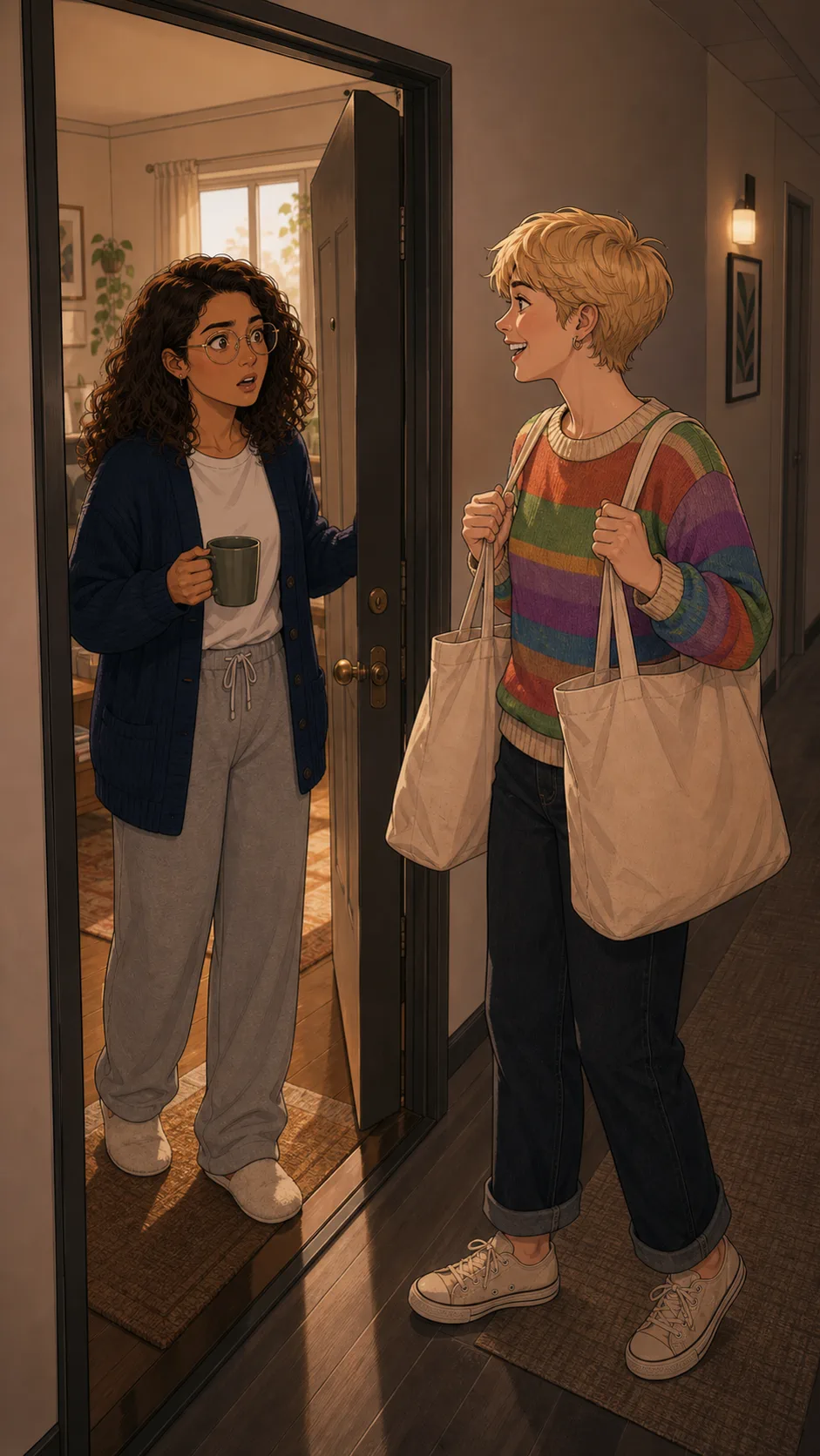 Elise arrives with matching tote bags for Mara's solo day.