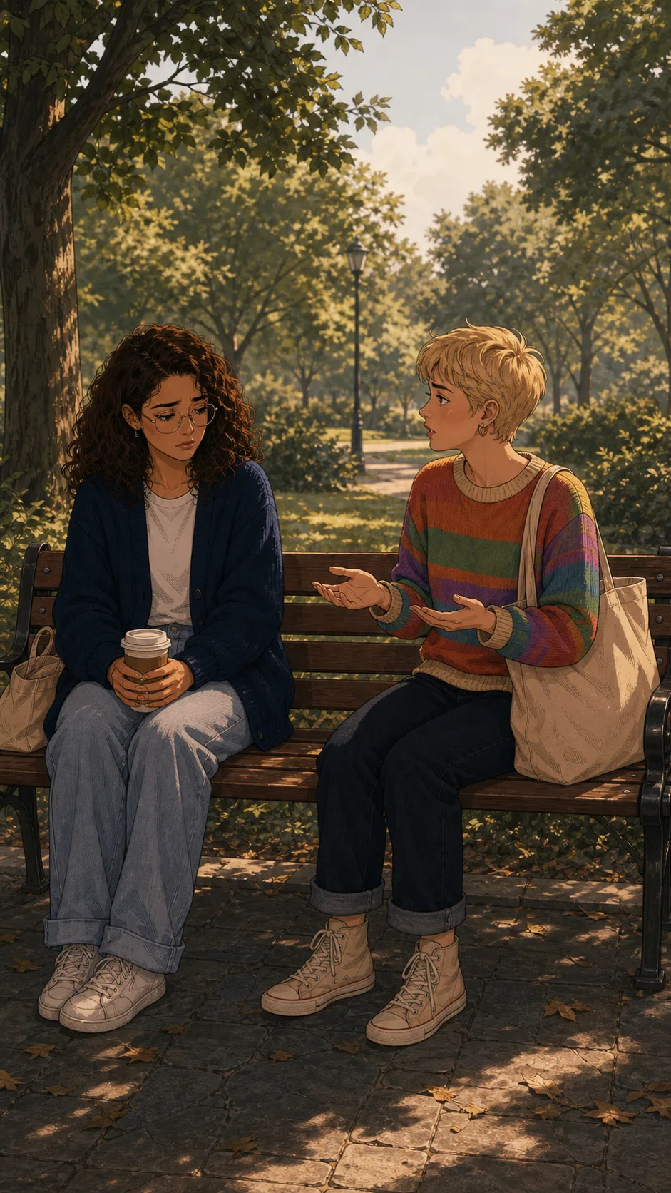 Mara and Elise sit tensely on a park bench.
