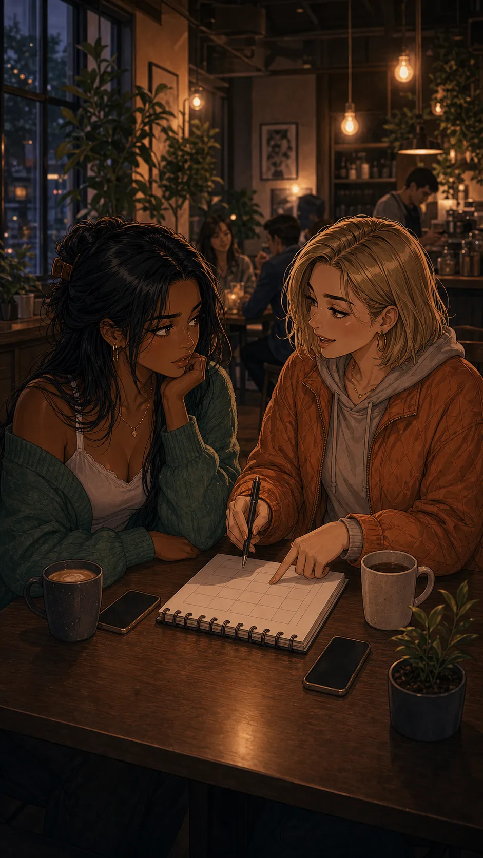 Maya and Lena sit at a generic cafe table with phones face-down and a paper planner between coffee cups.
