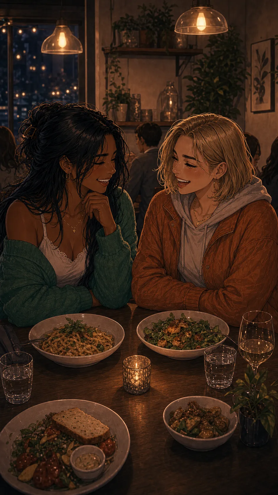 Two friends laugh over casual dinner in a small generic cafe with no readable signs.