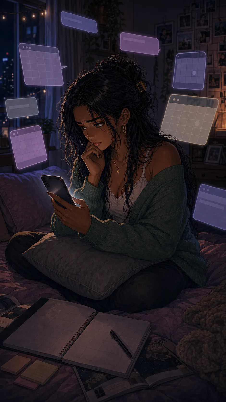 Maya sits on her bed with a phone notification glow, the screen abstract and unreadable.