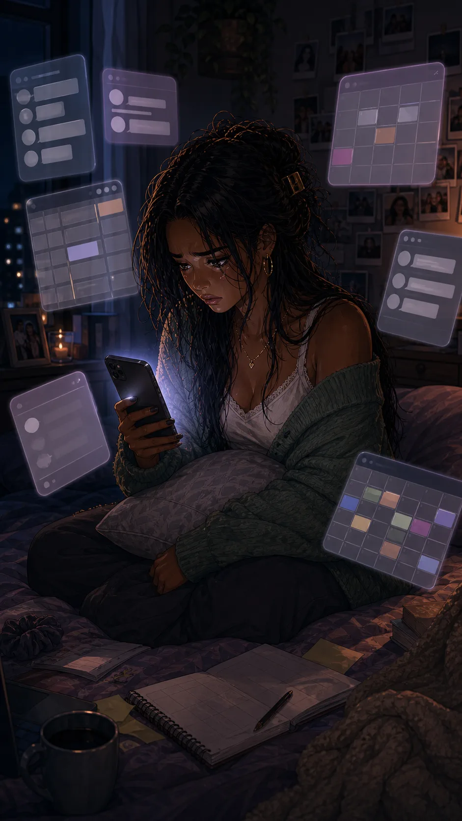 Maya looks cornered on her bed while group chat notifications appear as blank abstract bubbles around the phone.